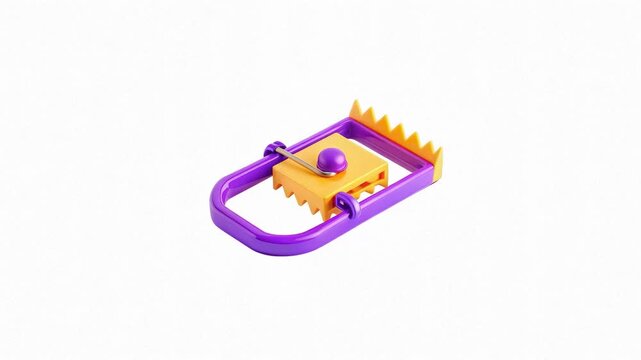 A colorful and modern mouse trap design featuring a purple and orange color scheme with a distinctive mechanical trigger.