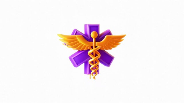 A stylized emblem featuring a caduceus entwined with wings on a colorful background.