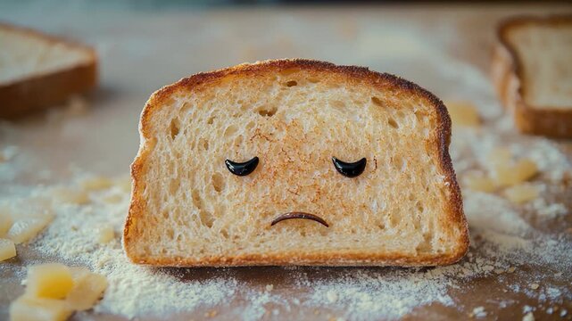 A piece of bread with a sad face drawn on it, great for representing disappointment or sadness in any context