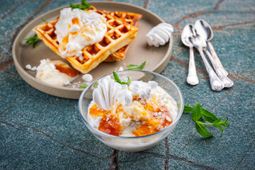 Creme Chiboust - pastry  and meringue cream with apricot jam topping servied with fresh brussels waffles