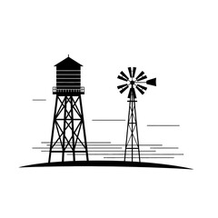 Vector art of water tower and windmill on a hill