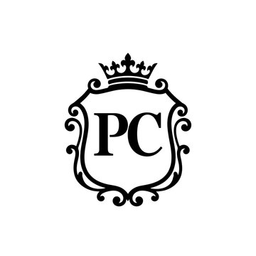 Vector art of monogram pc inside a shield with a crown