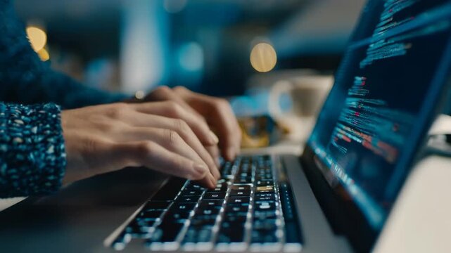 Closeup medium shot of a data scientist adjusting algorithm parameters focused on interestbased targeting while coding on a laptop in a tech workspace.
