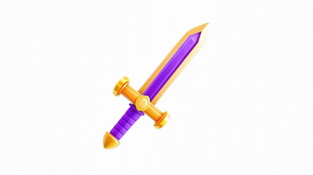 A colorful sword with a purple blade and golden accents against a white background.