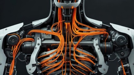 Close up of robotic torso with intricate orange wiring and mechanical components.
