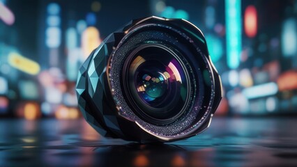 Close-up of a professional camera lens with a blurred background.