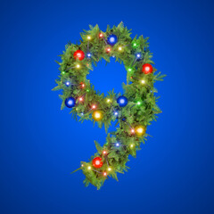 a festive number 9 made from a green wreath decorated with colorful lights.
