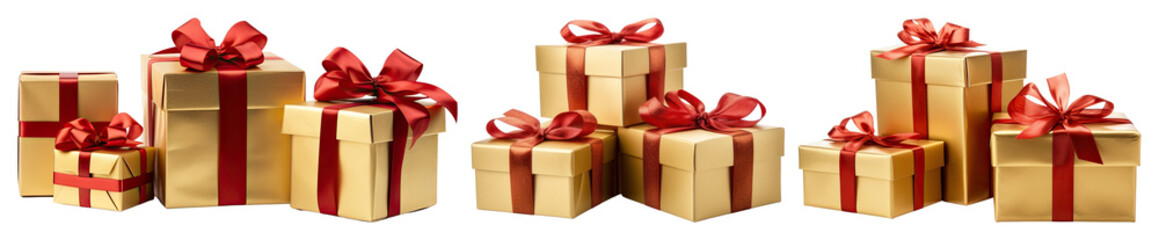 Fototapeta premium PNG Golden gifts with red bows, element set on transparent background