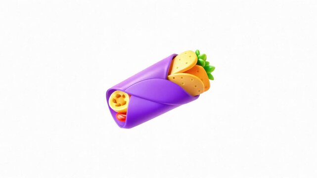 A colorful taco wrapped in a purple tortilla against a white background, showcasing a playful and modern design.