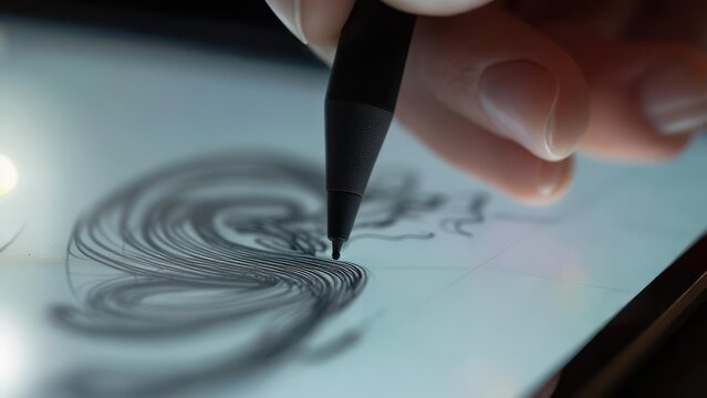 Close up of a digital artist drawing on a graphics tablet with a stylus pen.
