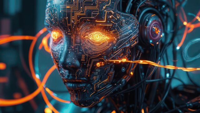 Close up of a futuristic cyborg robot head with glowing orange eyes and intricate circuitry.