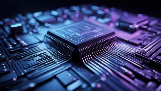 Close up of a futuristic computer processor chip with glowing blue and purple lights on a circuit board.