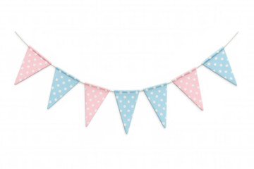 Pink and blue polka dot bunting flags for baby shower announcement and gender reveal party decoration