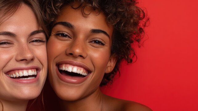 close up shot of happy carefree mixed race women smile gladfully with teeth enjoy nice day stand closely to each other laugh positively isolated over vivid red background human emotions concept no lo