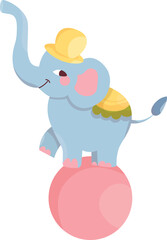 Elephant. Cute circus elephant. Circus performer on a ball.