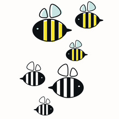 Vector Illustration Cute Bees with Striped Bodies and Wings  – Outline and Colored Version in Cartoon Style