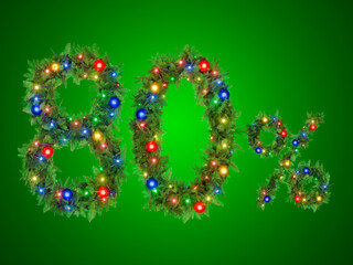 The number 80 percent sign,decorated with festive Christmas lights