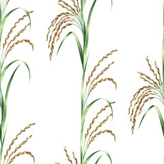 Seamless pattern with rice stalks. Hand-drawn watercolor illustration. Design element for labels, menus, recipes, and cookbooks. For banners, flyers, packaging, and more.
