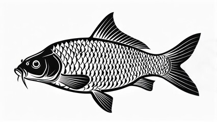 Fototapeta premium Black and White Carp Fish Illustration with Detailed Scales and Fins.
