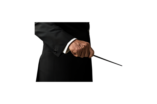 Conductor'S Hand Holding Baton In Black Suit. Musical Leadership And Orchestral Direction. Isolated On Transparent Background
