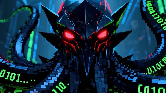 Pixelated octopus creature with binary code tentacles dominates futuristic digital grid. Glowing red eyes, geometric body surrounded by green binary streams in blue cyberspace environment.