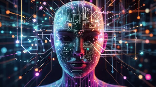 Artificial Intelligence Humanoid Head with Digital Circuits and Glowing Lights.