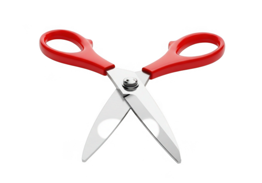 Red handled scissors open with sharp silver blades ready for cutting tasks isolated on transparent background