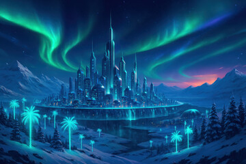Fototapeta premium Futuristic Arctic Cityscape Under Aurora Borealis With Neon Palm Trees