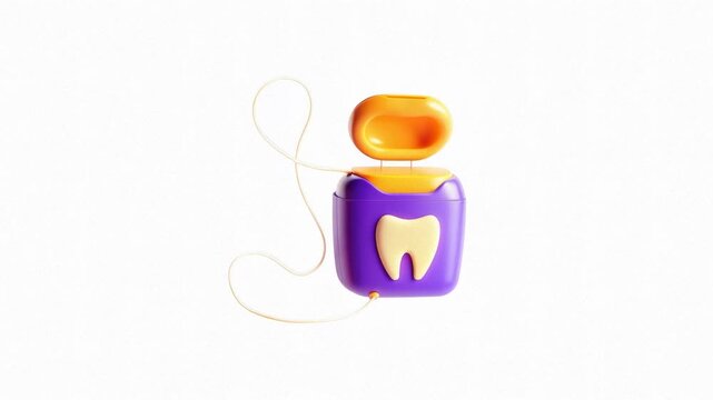 A colorful dental floss container with a tooth emblem on the front, designed in modern purple and orange colors.