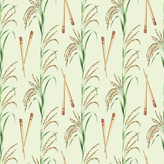 Seamless pattern with rice stalks and Chinese chopsticks. Hand-drawn watercolor illustration. Design element for labels, menus, recipes, and cookbooks. For banners, flyers, packaging, and more.