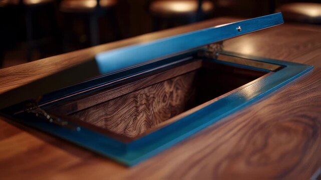 Medium shot of a hidden compartment seamlessly integrated into a sleek cabinet main focus sharp with surrounding area softly blurred for a tidy appearance.
