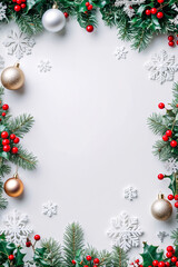 festive Christmas poster, adorned with holiday decorations around the edges, leaving the center blank for content. Merry Christmas and Happy Holidays greeting card, frame, banner