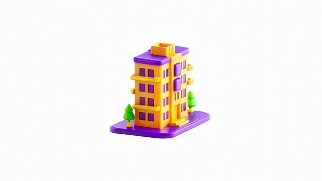 Colorful toy building in purple and yellow with a small green tree in front.