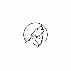 Minimalist Black Line Art Vector Illustration of a Howling Wolf Against a Full Moon