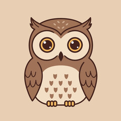 Adorable Brown Owl Vector Illustration with Big Yellow Eyes in a Simple Flat Cartoon Style