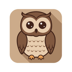 Adorable Flat Design Brown Owl Vector Illustration with Long Shadow on Rounded Background
