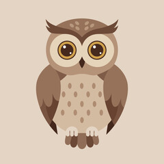 Cute Flat Design Brown Owl Vector Illustration with Expressive Eyes