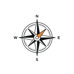 Clean Vector Illustration of a Classic Compass Rose with Orange Directional Pointer