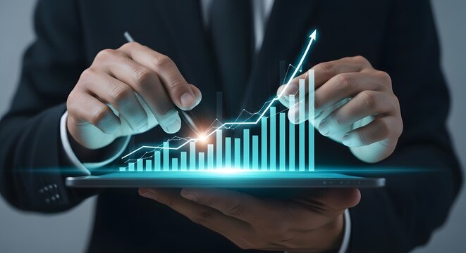Businessman analyzes glowing digital financial chart on tablet for business growth and success