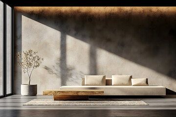 Modern living room interior design with beige sofa and sunlight shadows