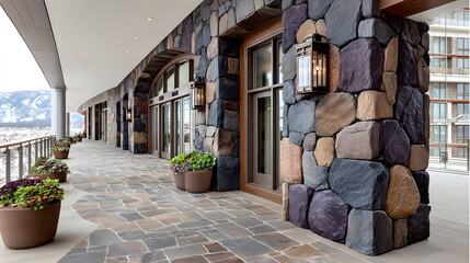 Curved Stone Balcony at a Mountain Lodge with Snowy Peaks for Real Estate