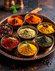 Fototapeta premium Assortment of colorful aromatic spices in metal bowls