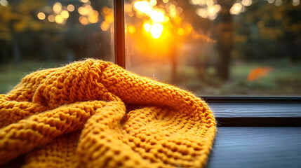 Cozy knitted blanket on windowsill warm autumn sunset view