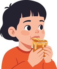 Child Eating Toast Breakfast Illustration with Orange Shirt and Black Hair Vector Art 
