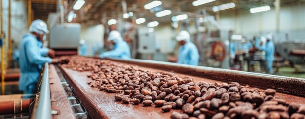 The Cocoa Beans on a Production Line in a Modern Chocolate Factory Processing Plant