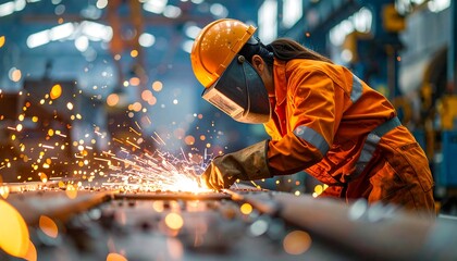 Industrial worker welding metal with bright sparks in factory workshop