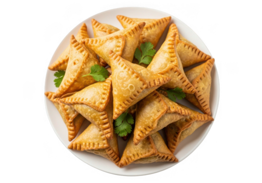 Golden baked samosas piled high on a white plate a delicious savory indian snack appetizer isolated on transparent background