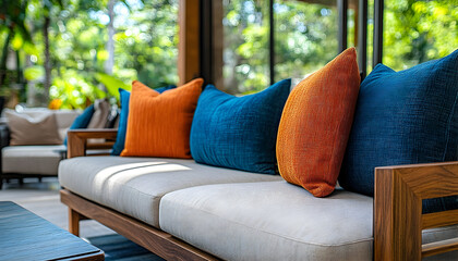 Colorful throw pillows on modern outdoor sofa home decor
