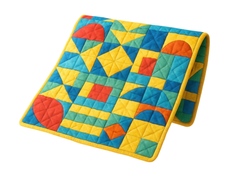 A colorful geometric quilted baby blanket, ideal for a playroom.