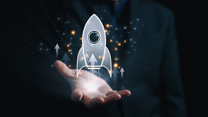 Startup launch and business growth concept, rocket symbolism, entrepreneurship, startup innovation,...